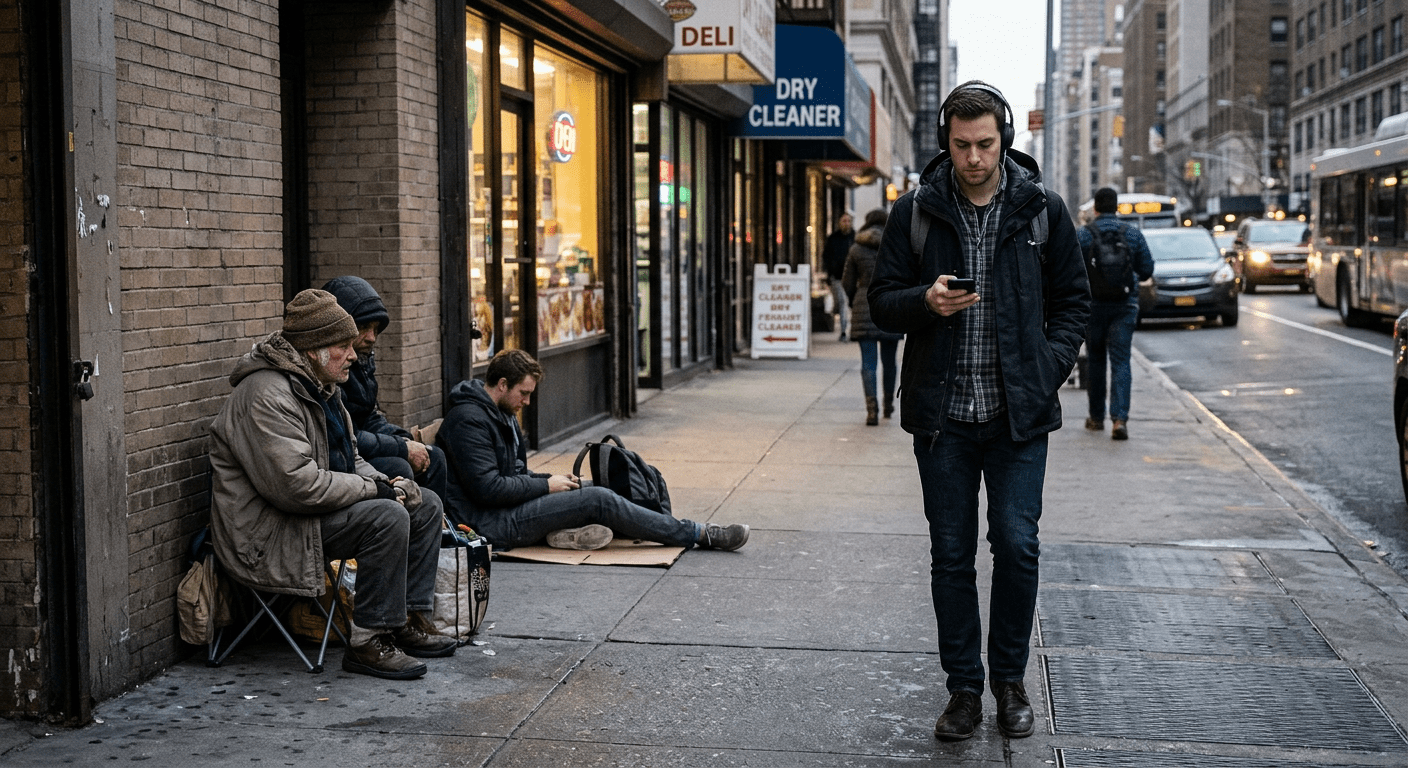People walking and sitting on a city sidewalk near shops and traffic